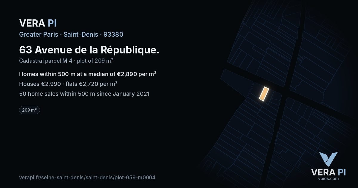 63 Avenue de la République, Saint-Denis at night – the plot lit, the parcels around coloured by the prices near them