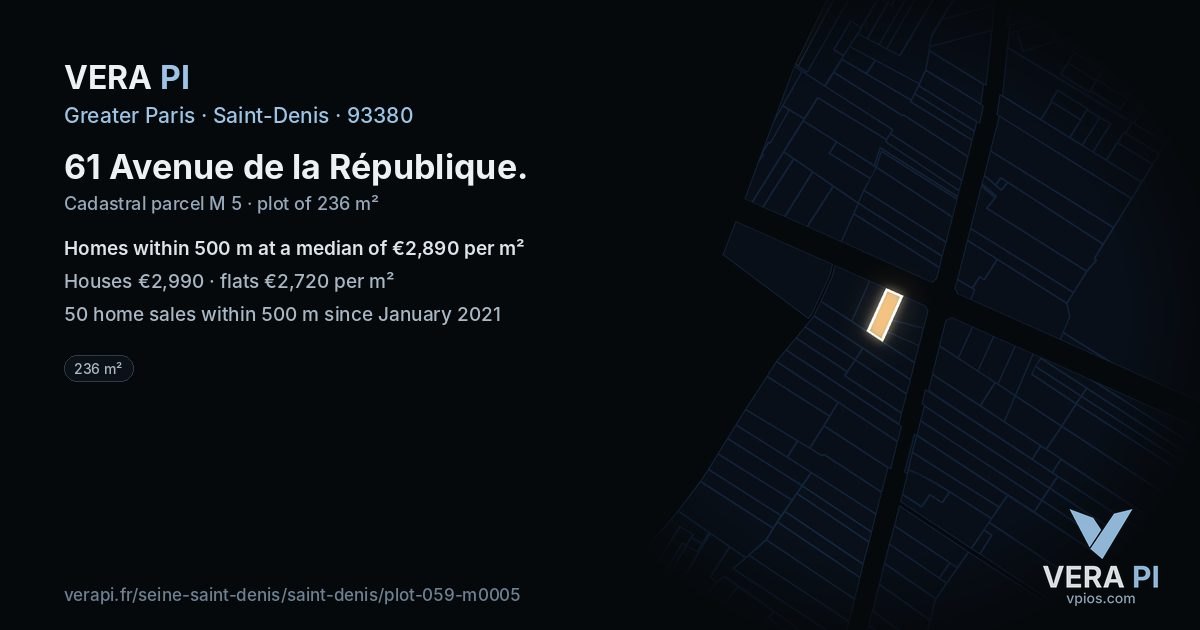 61 Avenue de la République, Saint-Denis at night – the plot lit, the parcels around coloured by the prices near them