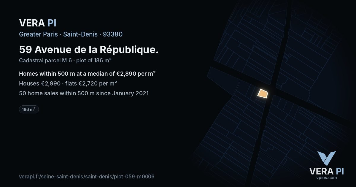 59 Avenue de la République, Saint-Denis at night – the plot lit, the parcels around coloured by the prices near them
