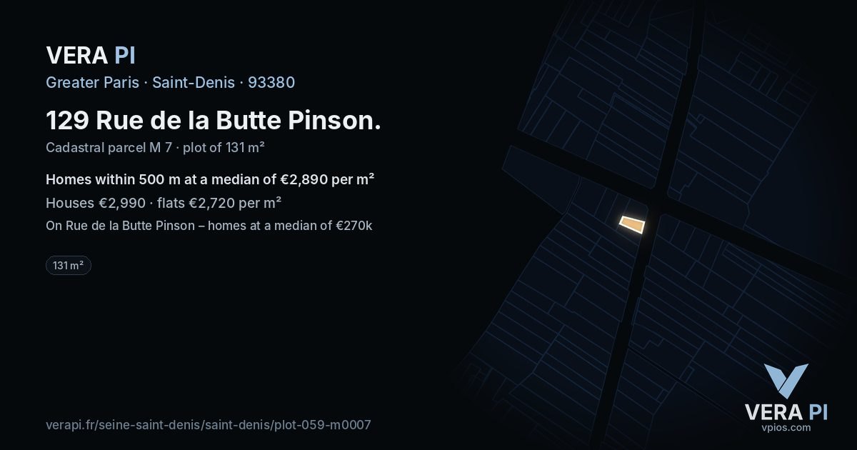 129 Rue de la Butte Pinson, Saint-Denis at night – the plot lit, the parcels around coloured by the prices near them