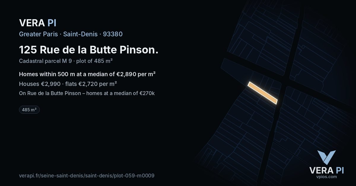 125 Rue de la Butte Pinson, Saint-Denis at night – the plot lit, the parcels around coloured by the prices near them