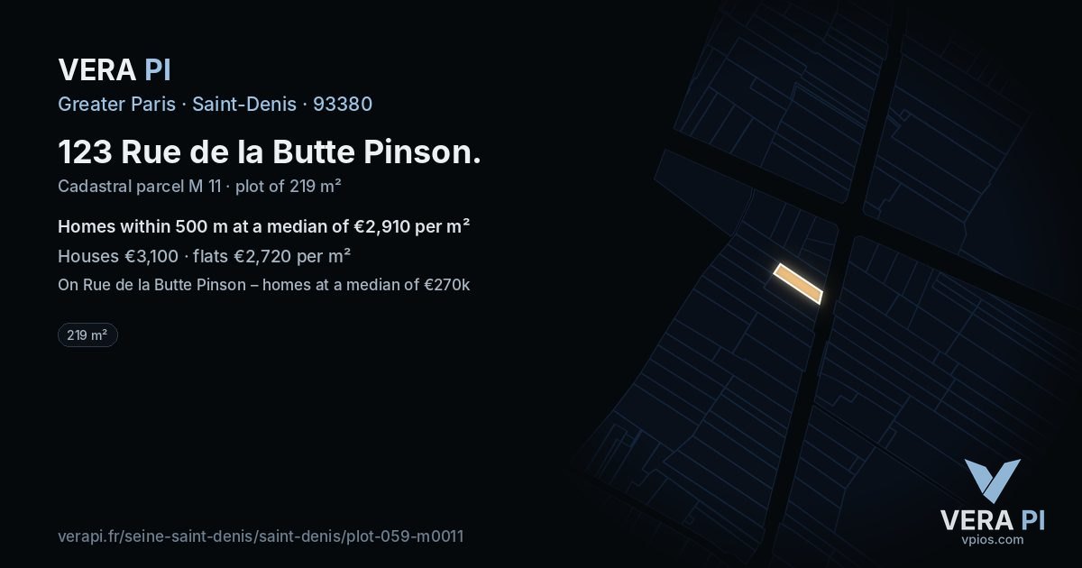 123 Rue de la Butte Pinson, Saint-Denis at night – the plot lit, the parcels around coloured by the prices near them