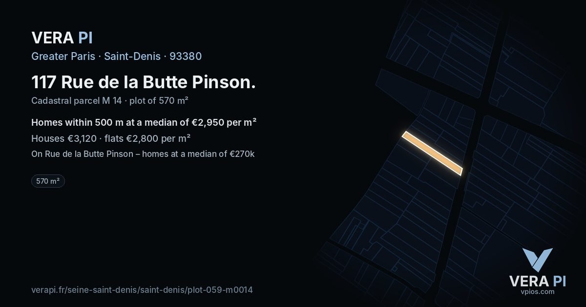 117 Rue de la Butte Pinson, Saint-Denis at night – the plot lit, the parcels around coloured by the prices near them