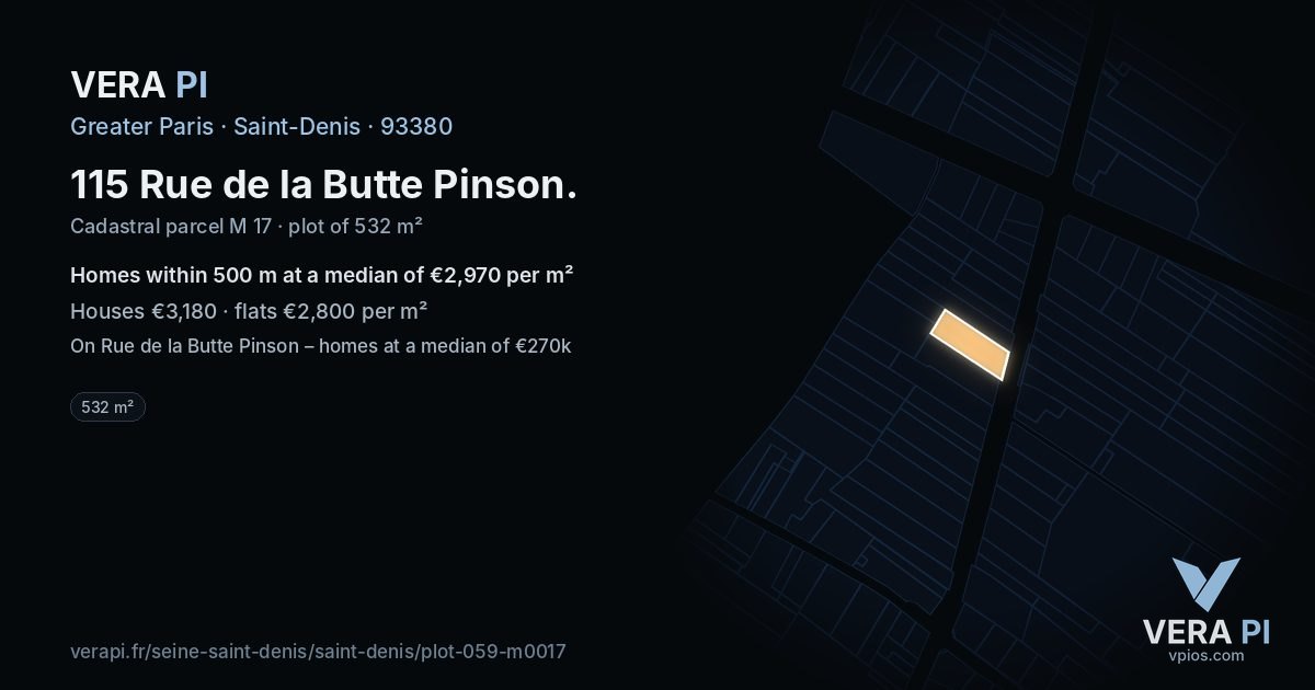 115 Rue de la Butte Pinson, Saint-Denis at night – the plot lit, the parcels around coloured by the prices near them