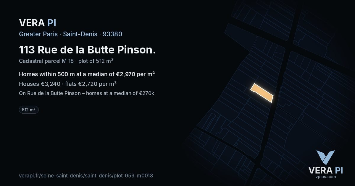 113 Rue de la Butte Pinson, Saint-Denis at night – the plot lit, the parcels around coloured by the prices near them