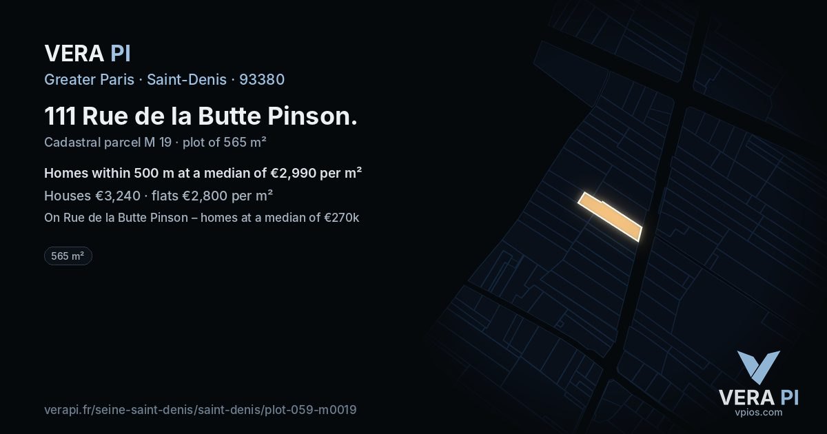 111 Rue de la Butte Pinson, Saint-Denis at night – the plot lit, the parcels around coloured by the prices near them