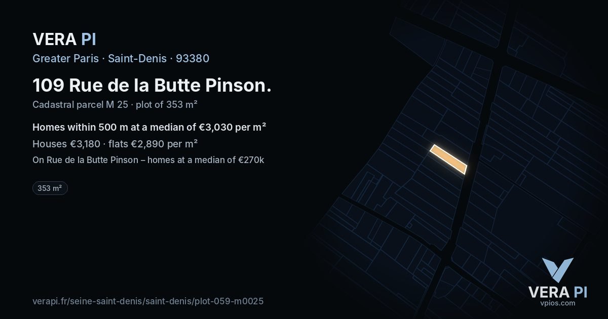 109 Rue de la Butte Pinson, Saint-Denis at night – the plot lit, the parcels around coloured by the prices near them