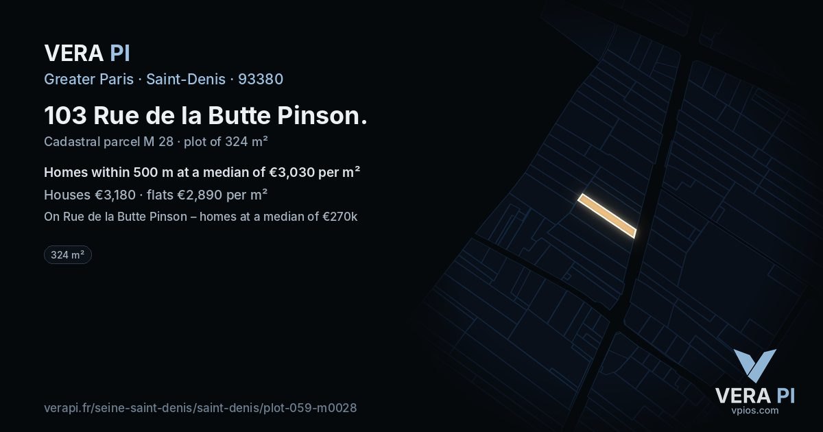 103 Rue de la Butte Pinson, Saint-Denis at night – the plot lit, the parcels around coloured by the prices near them