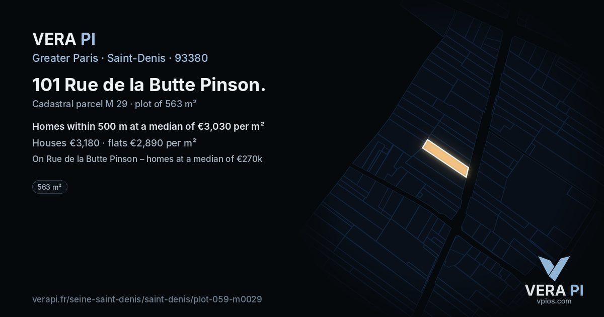101 Rue de la Butte Pinson, Saint-Denis at night – the plot lit, the parcels around coloured by the prices near them