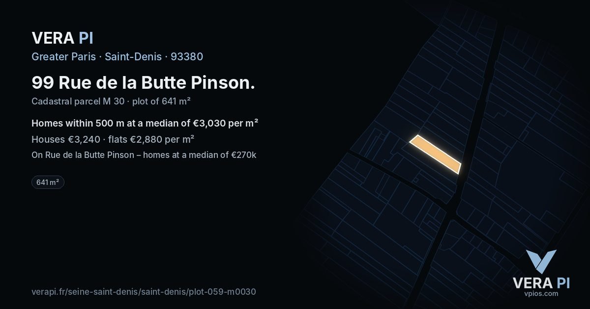 99 Rue de la Butte Pinson, Saint-Denis at night – the plot lit, the parcels around coloured by the prices near them