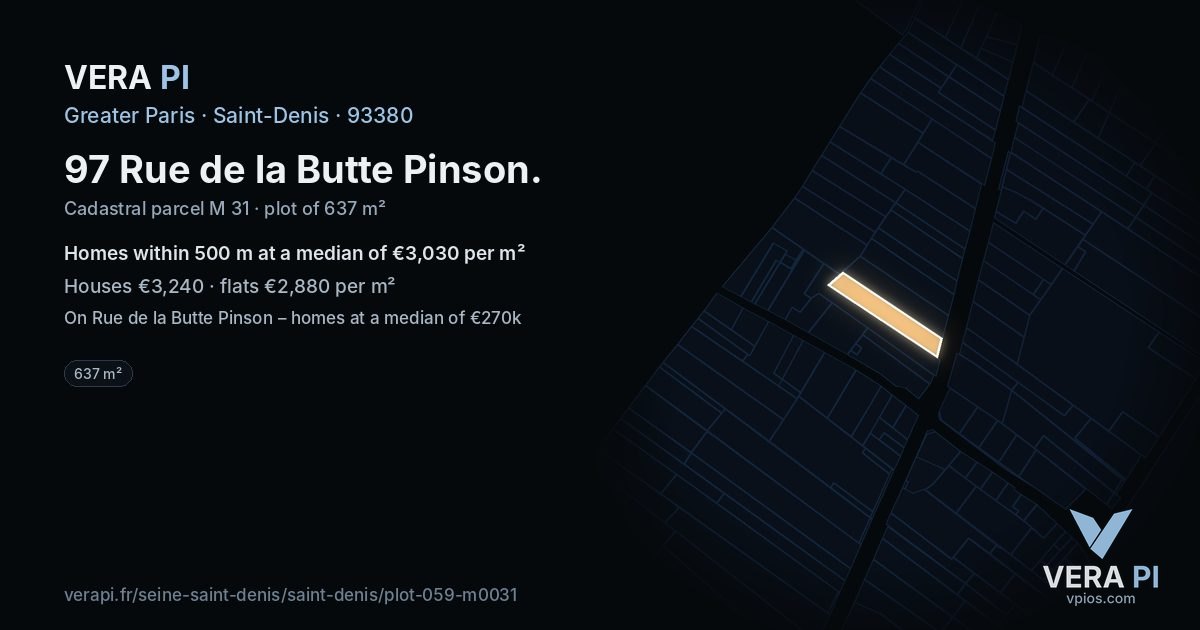 97 Rue de la Butte Pinson, Saint-Denis at night – the plot lit, the parcels around coloured by the prices near them