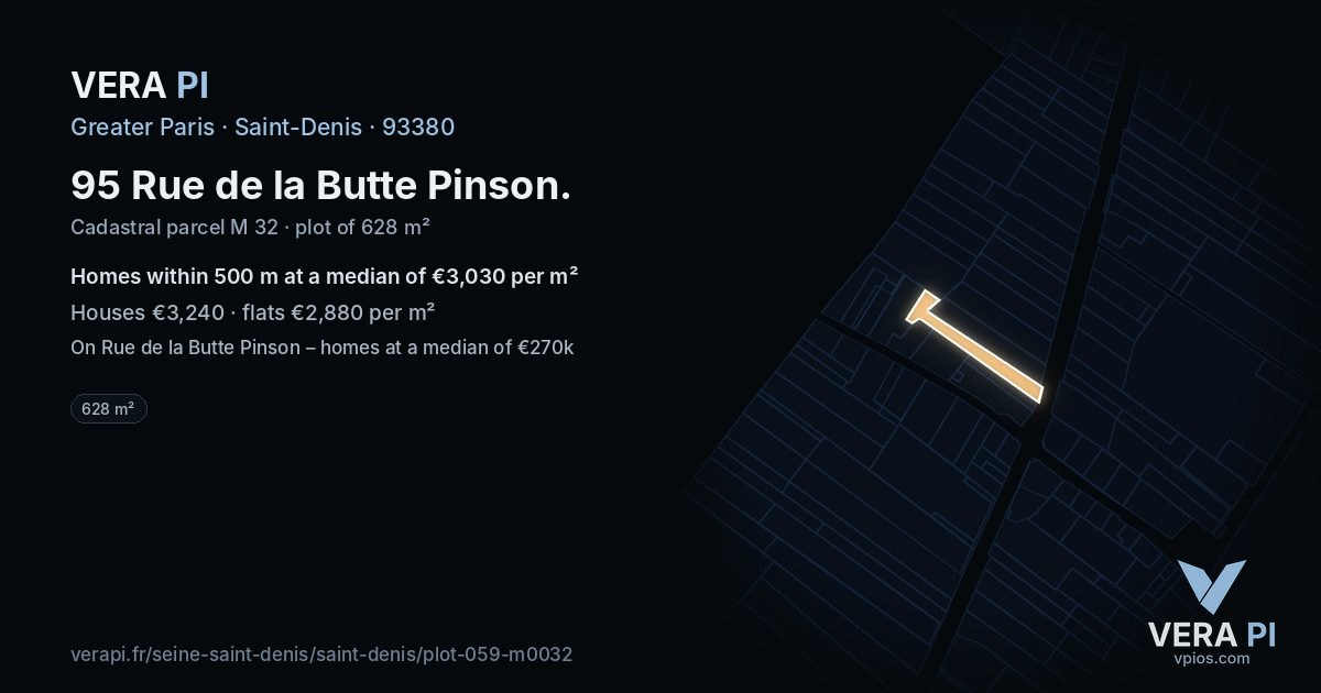 95 Rue de la Butte Pinson, Saint-Denis at night – the plot lit, the parcels around coloured by the prices near them
