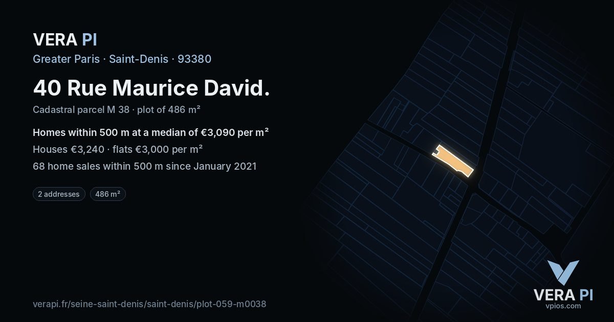40 Rue Maurice David, Saint-Denis at night – the plot lit, the parcels around coloured by the prices near them