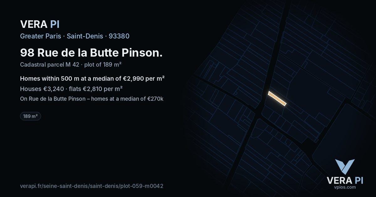 98 Rue de la Butte Pinson, Saint-Denis at night – the plot lit, the parcels around coloured by the prices near them