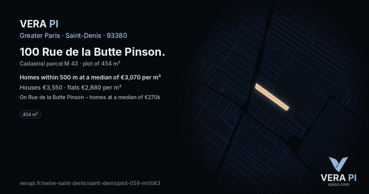 100 Rue de la Butte Pinson, Saint-Denis at night – the plot lit, the parcels around coloured by the prices near them