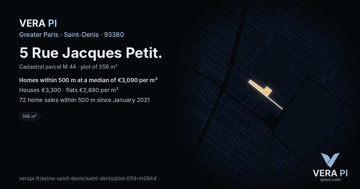 5 Rue Jacques Petit, Saint-Denis at night – the plot lit, the parcels around coloured by the prices near them