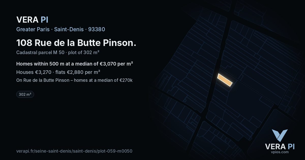108 Rue de la Butte Pinson, Saint-Denis at night – the plot lit, the parcels around coloured by the prices near them