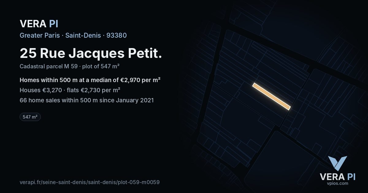 25 Rue Jacques Petit, Saint-Denis at night – the plot lit, the parcels around coloured by the prices near them