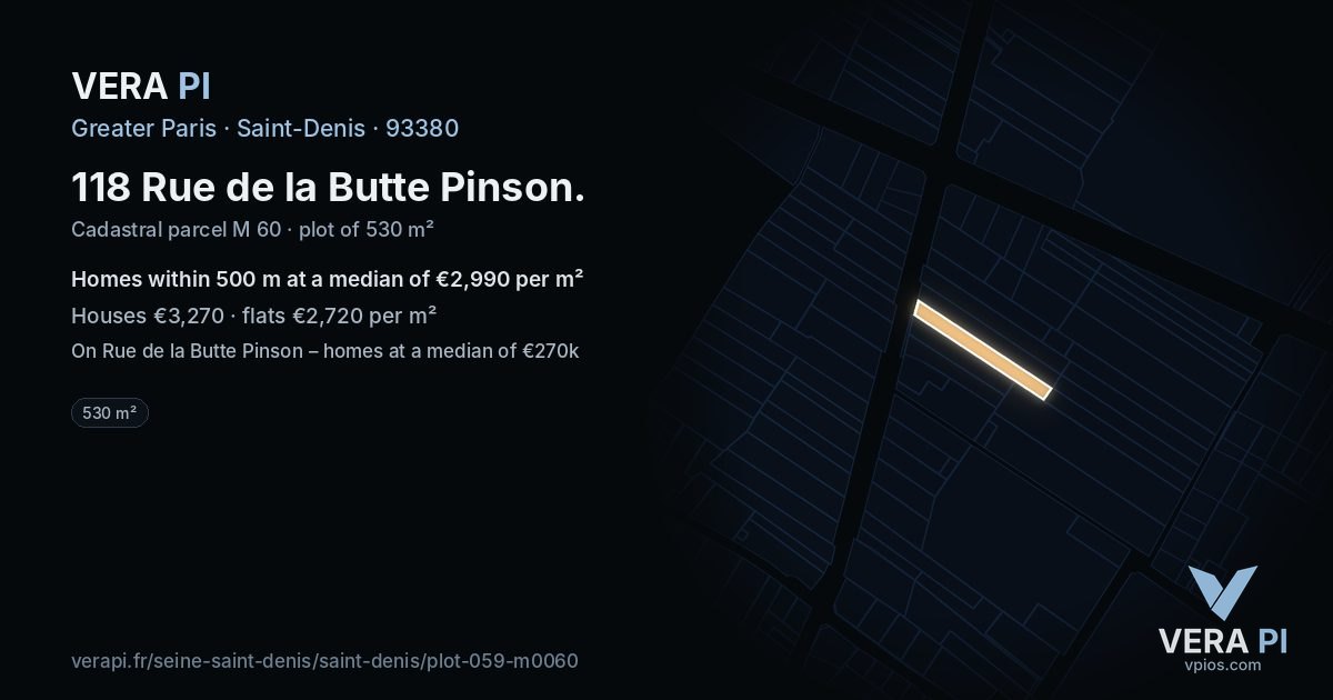 118 Rue de la Butte Pinson, Saint-Denis at night – the plot lit, the parcels around coloured by the prices near them