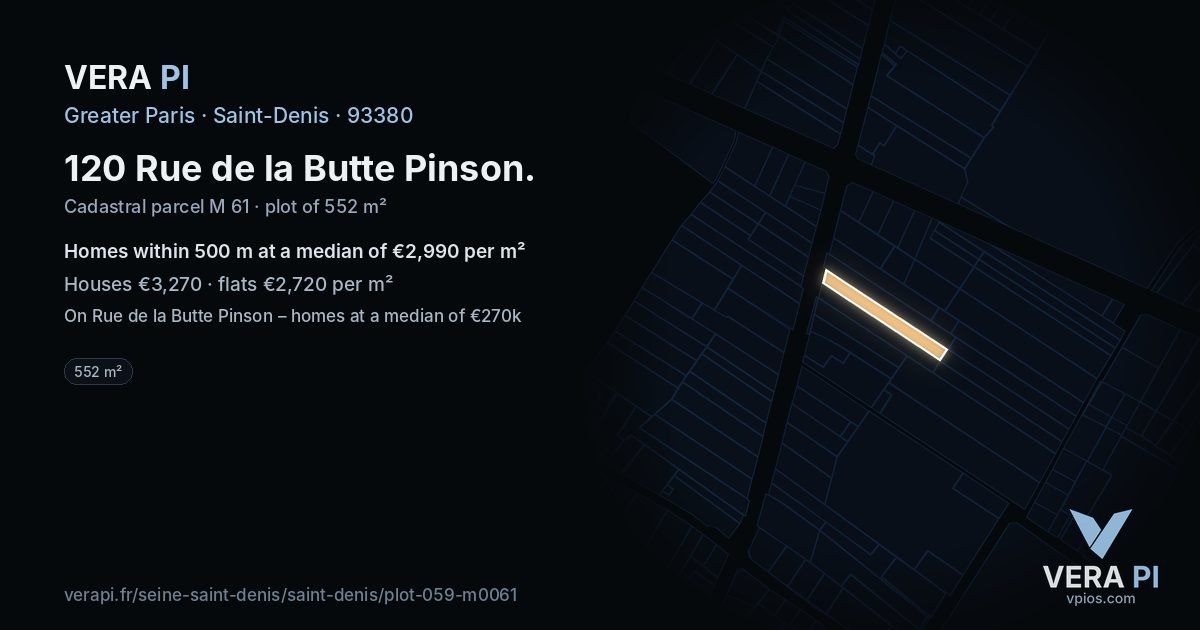 120 Rue de la Butte Pinson, Saint-Denis at night – the plot lit, the parcels around coloured by the prices near them