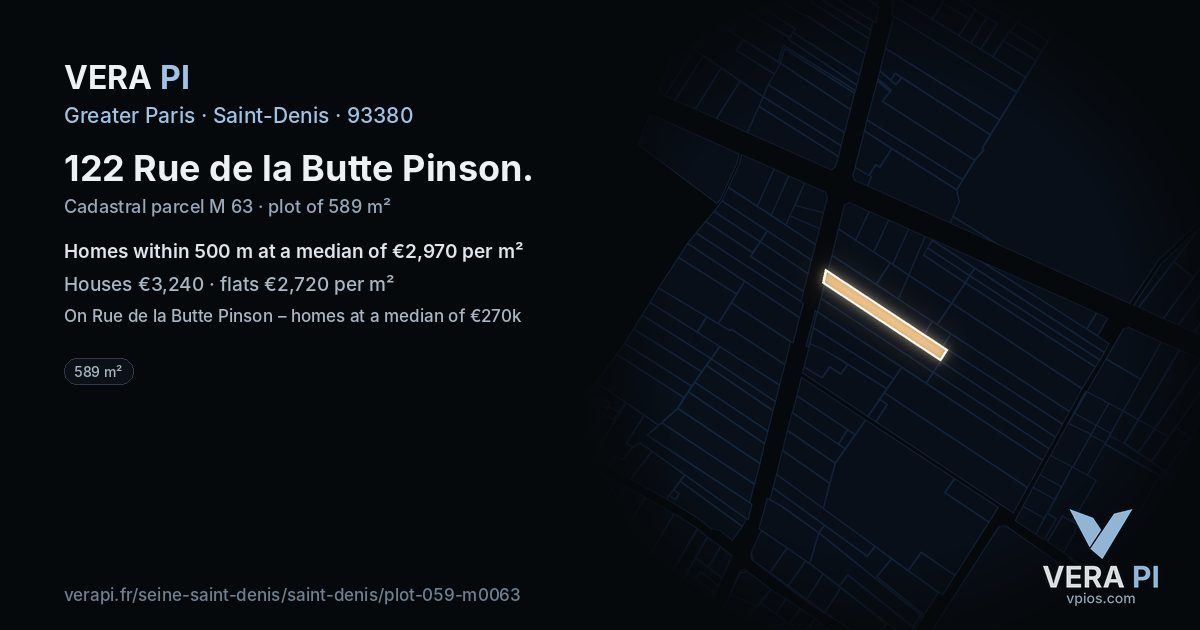 122 Rue de la Butte Pinson, Saint-Denis at night – the plot lit, the parcels around coloured by the prices near them