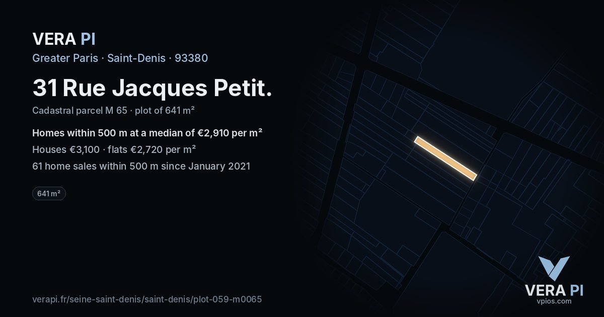 31 Rue Jacques Petit, Saint-Denis at night – the plot lit, the parcels around coloured by the prices near them
