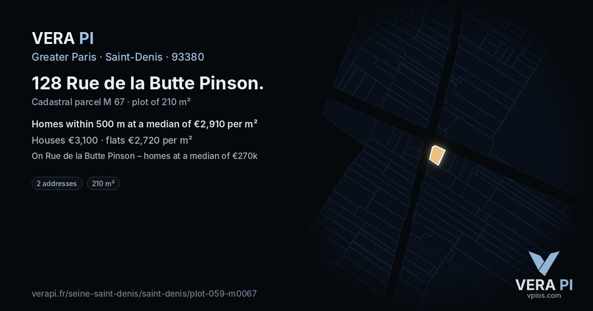 128 Rue de la Butte Pinson, Saint-Denis at night – the plot lit, the parcels around coloured by the prices near them