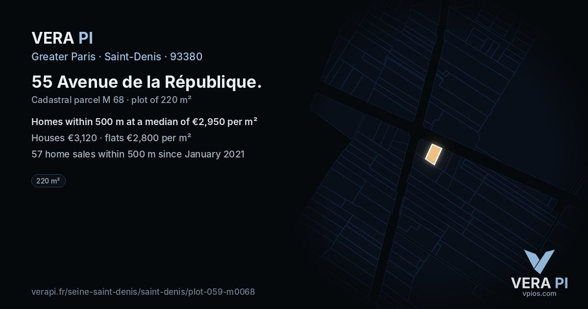 55 Avenue de la République, Saint-Denis at night – the plot lit, the parcels around coloured by the prices near them