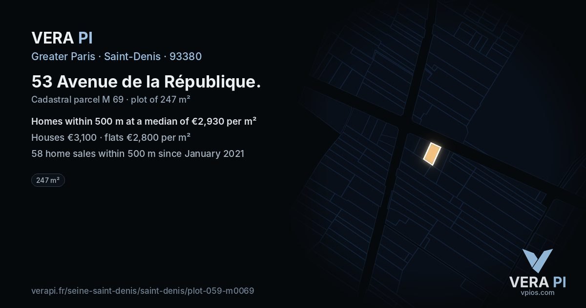 53 Avenue de la République, Saint-Denis at night – the plot lit, the parcels around coloured by the prices near them