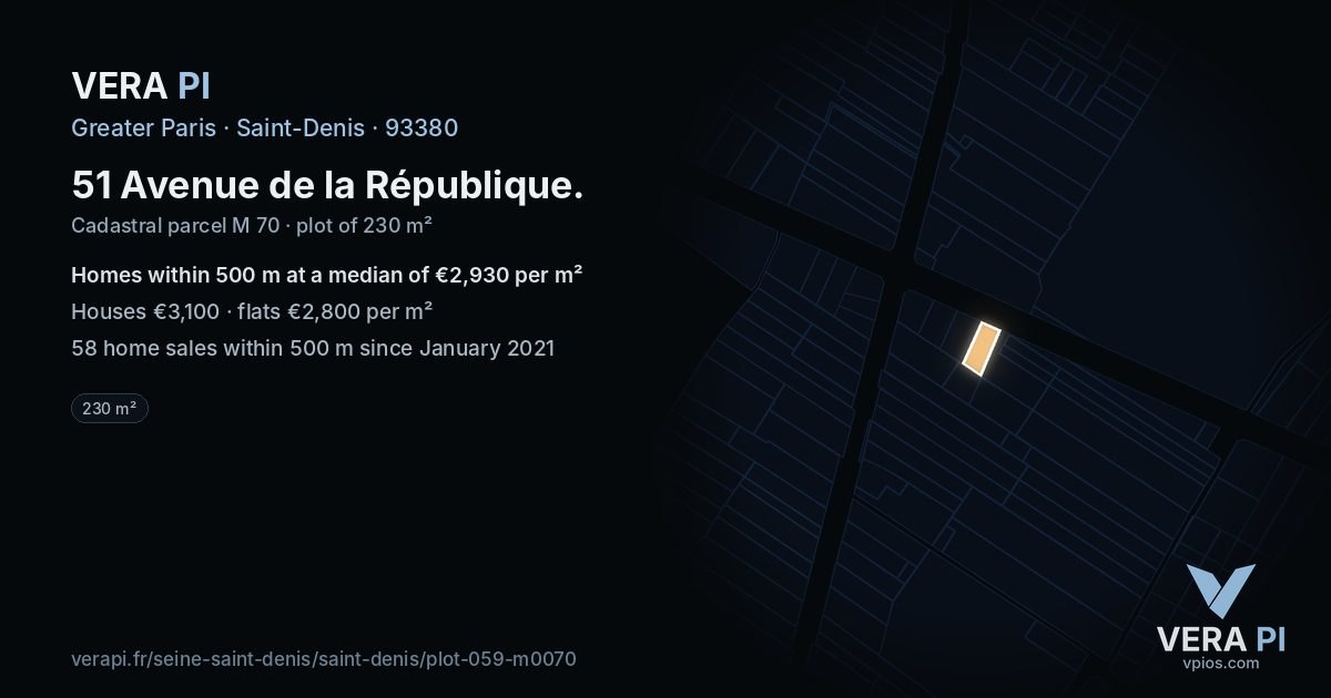51 Avenue de la République, Saint-Denis at night – the plot lit, the parcels around coloured by the prices near them