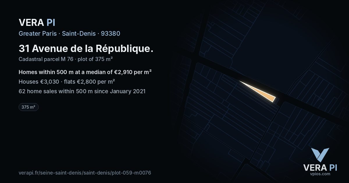 31 Avenue de la République, Saint-Denis at night – the plot lit, the parcels around coloured by the prices near them