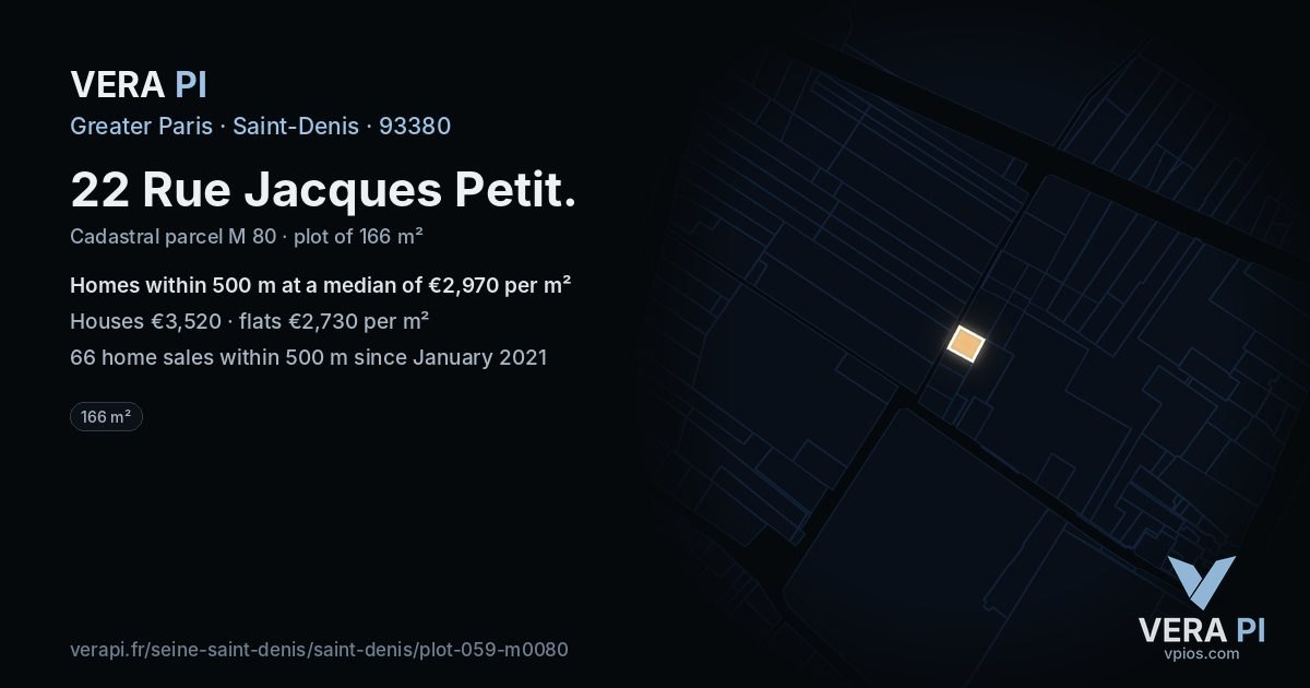 22 Rue Jacques Petit, Saint-Denis at night – the plot lit, the parcels around coloured by the prices near them