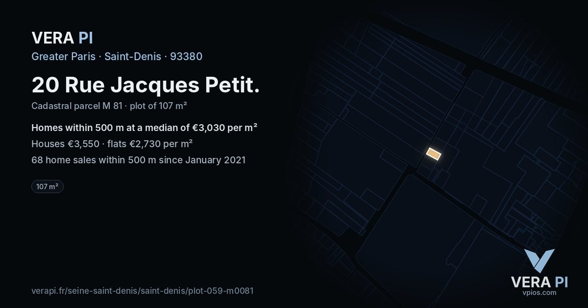 20 Rue Jacques Petit, Saint-Denis at night – the plot lit, the parcels around coloured by the prices near them