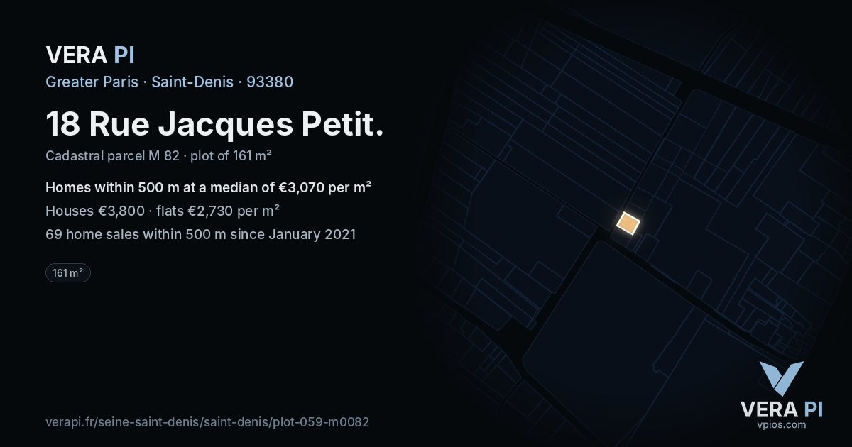 18 Rue Jacques Petit, Saint-Denis at night – the plot lit, the parcels around coloured by the prices near them
