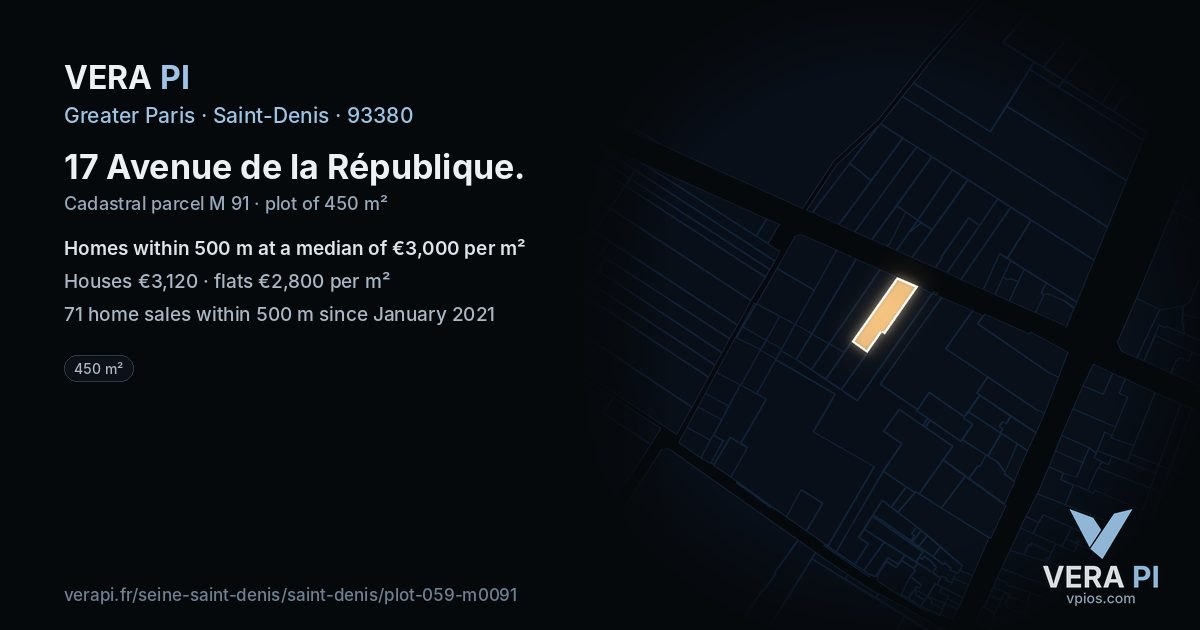 17 Avenue de la République, Saint-Denis at night – the plot lit, the parcels around coloured by the prices near them