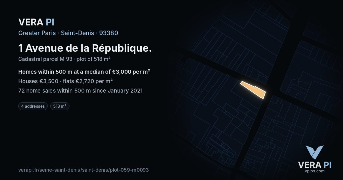 1 Avenue de la République, Saint-Denis at night – the plot lit, the parcels around coloured by the prices near them