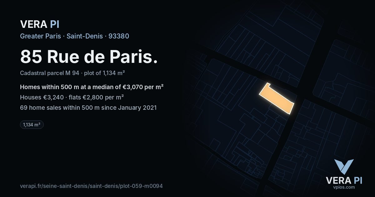85 Rue de Paris, Saint-Denis at night – the plot lit, the parcels around coloured by the prices near them