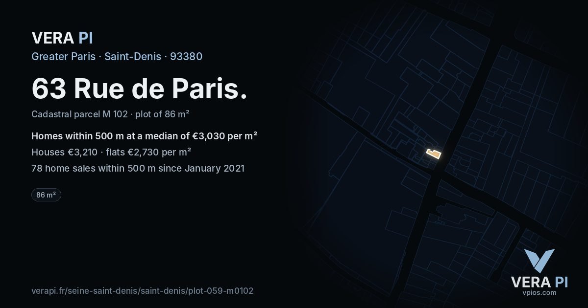 63 Rue de Paris, Saint-Denis at night – the plot lit, the parcels around coloured by the prices near them