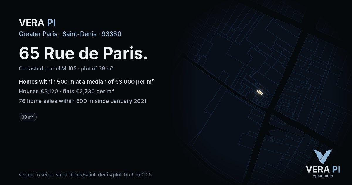 65 Rue de Paris, Saint-Denis at night – the plot lit, the parcels around coloured by the prices near them