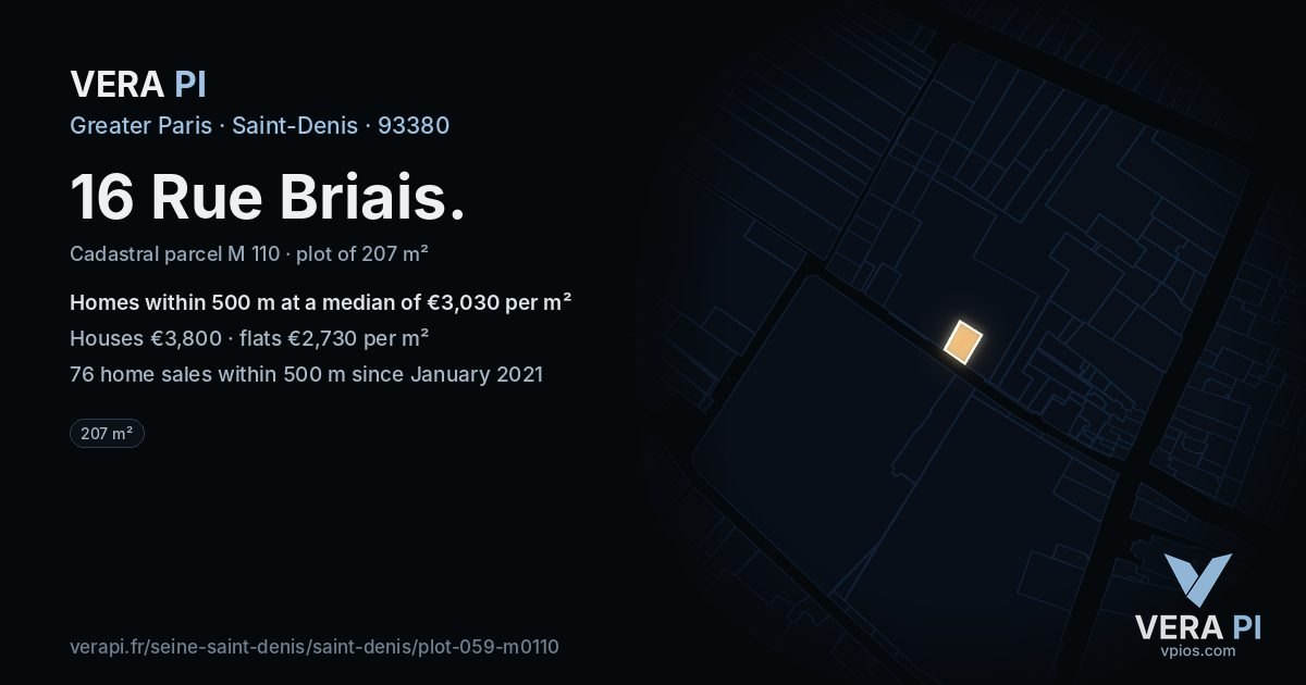 16 Rue Briais, Saint-Denis at night – the plot lit, the parcels around coloured by the prices near them