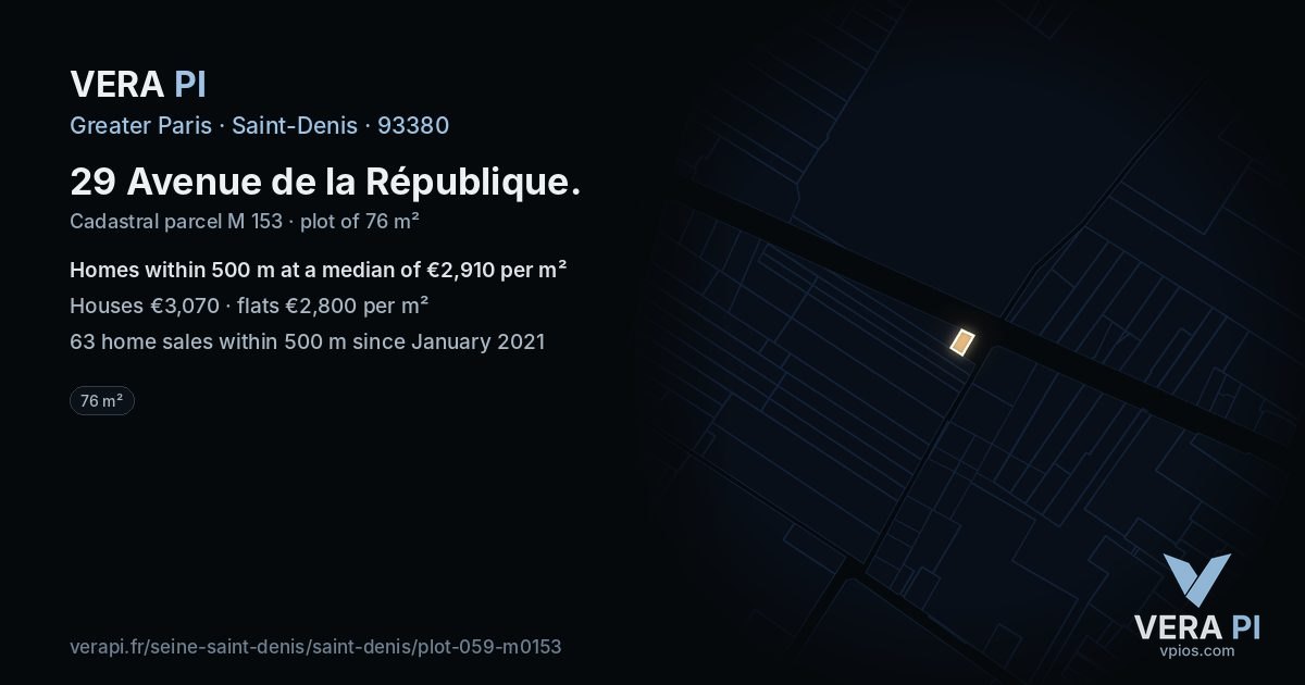 29 Avenue de la République, Saint-Denis at night – the plot lit, the parcels around coloured by the prices near them