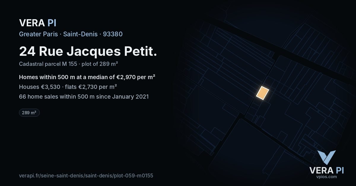 24 Rue Jacques Petit, Saint-Denis at night – the plot lit, the parcels around coloured by the prices near them
