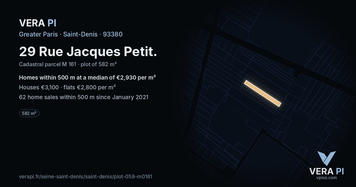 29 Rue Jacques Petit, Saint-Denis at night – the plot lit, the parcels around coloured by the prices near them