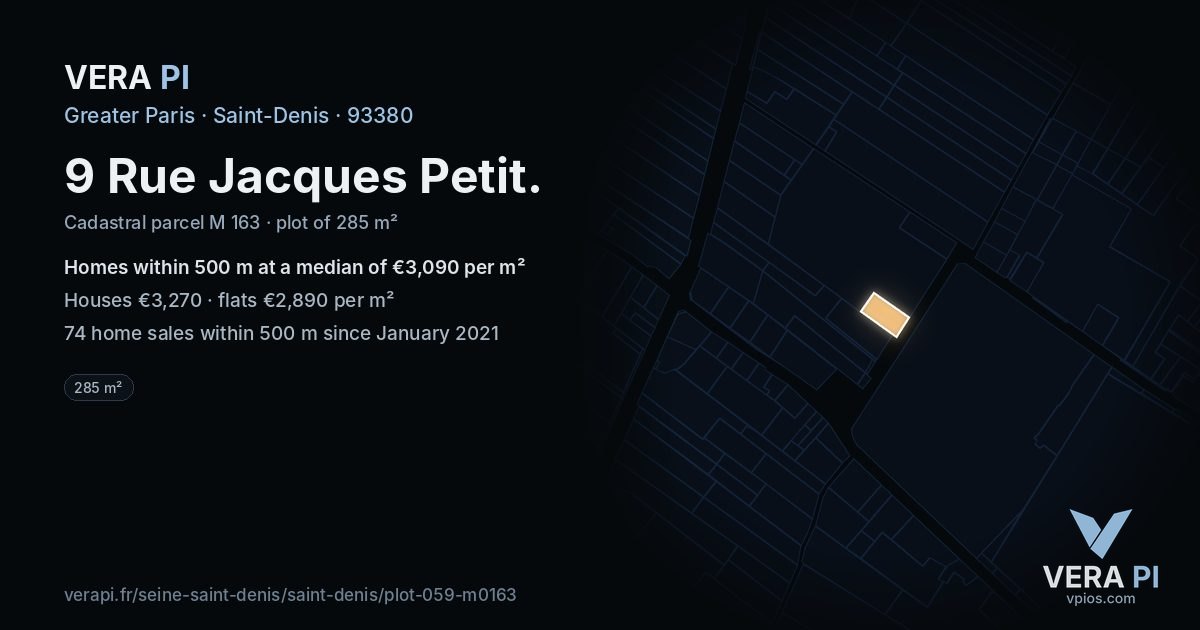 9 Rue Jacques Petit, Saint-Denis at night – the plot lit, the parcels around coloured by the prices near them