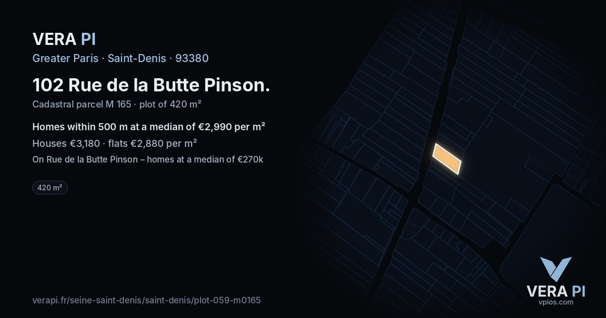 102 Rue de la Butte Pinson, Saint-Denis at night – the plot lit, the parcels around coloured by the prices near them