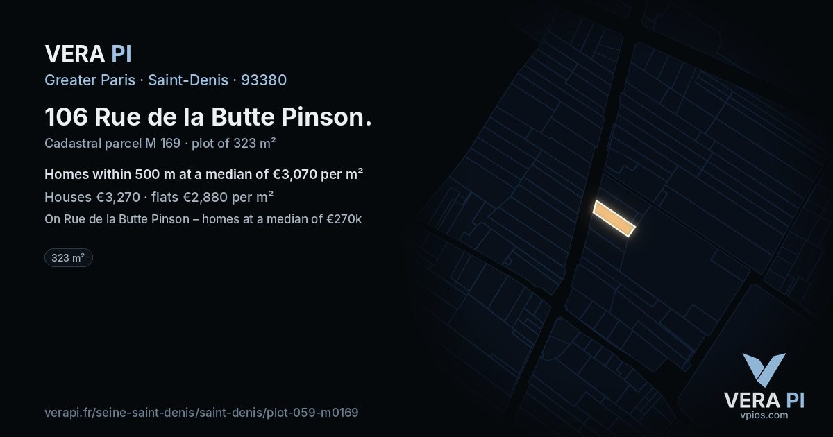 106 Rue de la Butte Pinson, Saint-Denis at night – the plot lit, the parcels around coloured by the prices near them