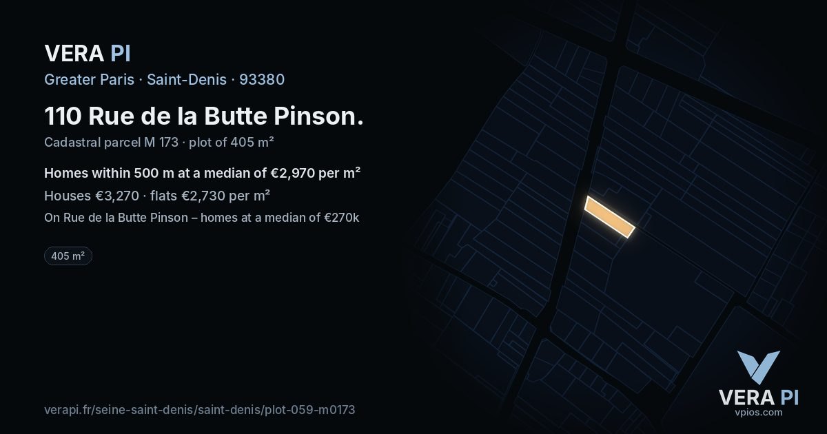 110 Rue de la Butte Pinson, Saint-Denis at night – the plot lit, the parcels around coloured by the prices near them