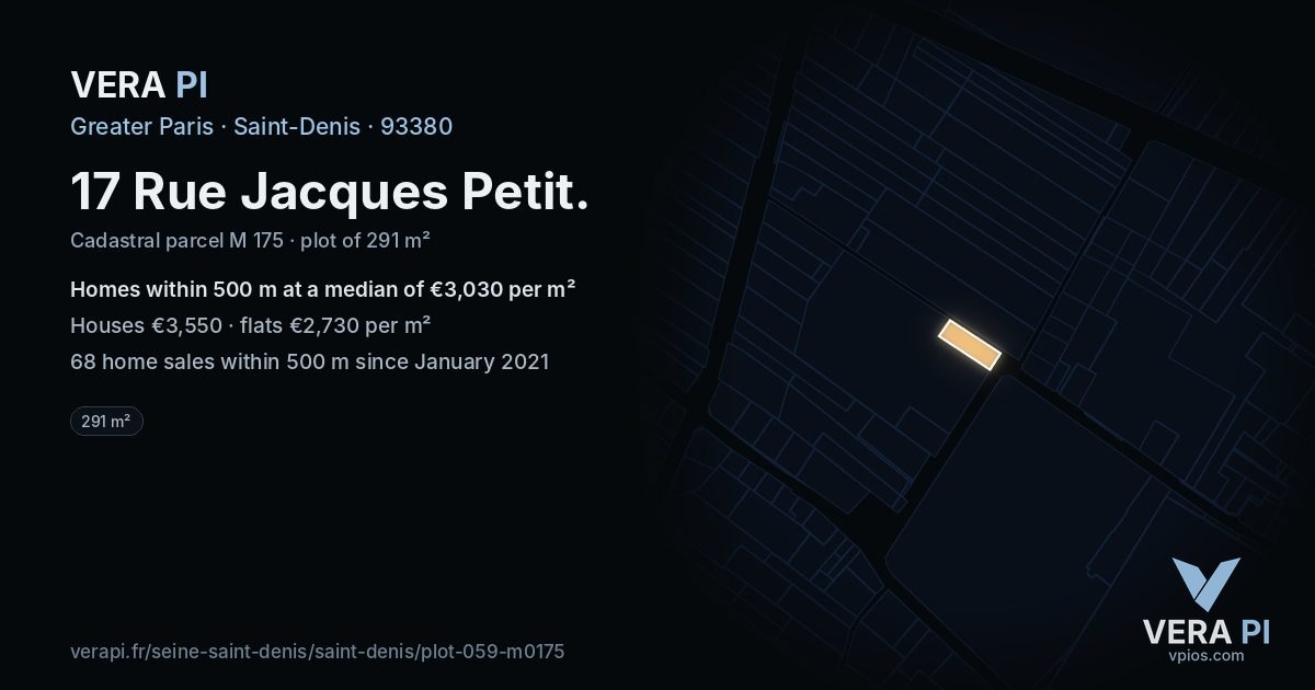 17 Rue Jacques Petit, Saint-Denis at night – the plot lit, the parcels around coloured by the prices near them