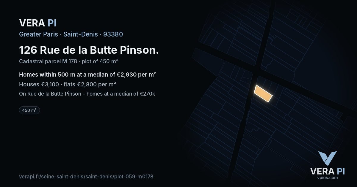 126 Rue de la Butte Pinson, Saint-Denis at night – the plot lit, the parcels around coloured by the prices near them