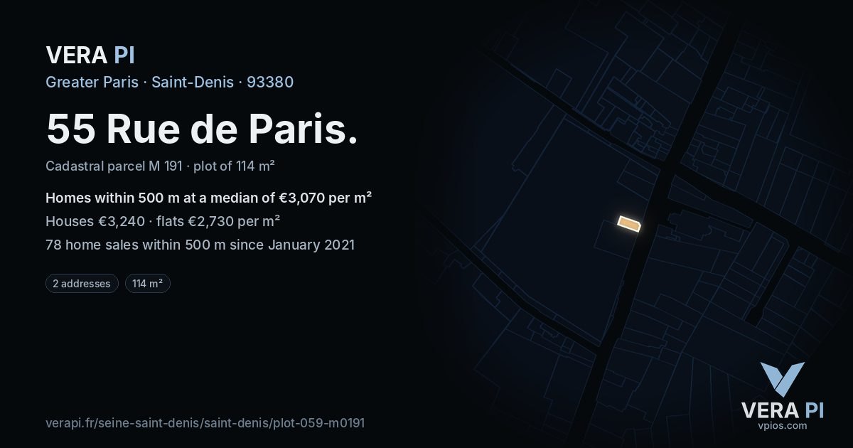 55 Rue de Paris, Saint-Denis at night – the plot lit, the parcels around coloured by the prices near them